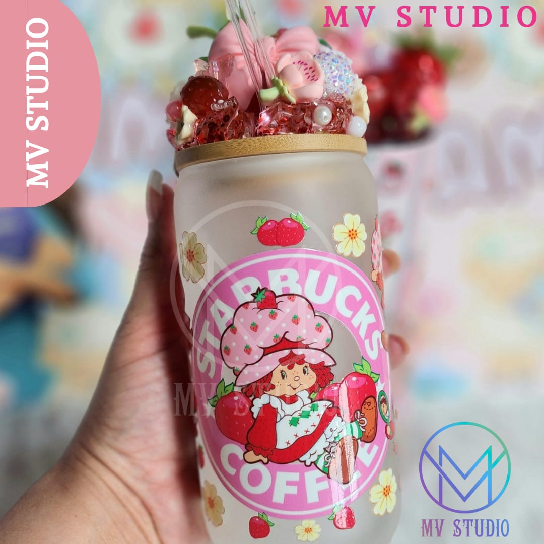 Strawberry Shortcake Glass Frosted Cup with decorated Lid